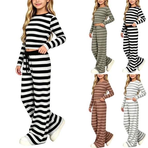 UKHCCC Girls 2 Piece Outfit, Striped Long Sleeve Crop Top and Wide Leg Pants Set with Drawstring Waist, Fall Winter Clothes Ages 7-15