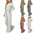 thumbnail image 1 of UKHCCC Girls 2 Piece Outfit, Striped Long Sleeve Crop Top and Wide Leg Pants Set with Drawstring Waist, Fall Winter Clothes Ages 7-15, 1 of 9