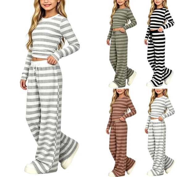 UKHCCC Girls 2 Piece Outfit, Striped Long Sleeve Crop Top and Wide Leg Pants Set with Drawstring Waist, Fall Winter Clothes Ages 7-15