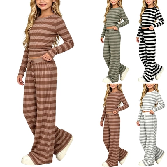 UKHCCC Girls 2 Piece Outfit, Striped Long Sleeve Crop Top and Wide Leg Pants Set with Drawstring Waist, Fall Winter Clothes Ages 7-15