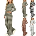 thumbnail image 1 of UKHCCC Girls 2 Piece Outfit, Striped Long Sleeve Crop Top and Wide Leg Pants Set with Drawstring Waist, Fall Winter Clothes Ages 7-15, 1 of 9