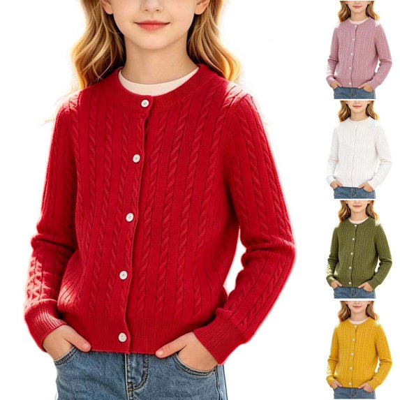 UKHCCC Girls Cable Knit Cardigan Sweater, Long Sleeve Crew Neck Knit Layering Top, Regular Fit for Toddler and Kids Ages 18 Months-10 Years