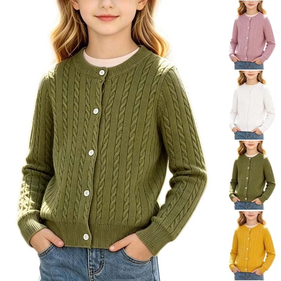 UKHCCC Girls Cable Knit Cardigan Sweater, Long Sleeve Crew Neck Knit Layering Top, Regular Fit for Toddler and Kids Ages 18 Months-10 Years