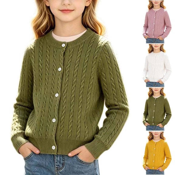 UKHCCC Girls Cable Knit Cardigan Sweater, Long Sleeve Crew Neck Knit Layering Top, Regular Fit for Toddler and Kids Ages 18 Months-10 Years