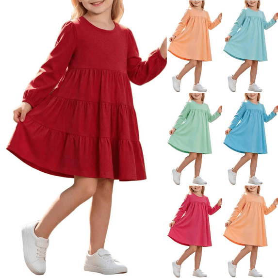 Cew In Color UKHCCC Girls Long Sleeve Dress, Cotton Crew Neck A-Line Mini Dress with ...