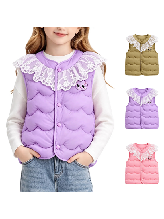 Girls Puffer Vest, Lace Peter Pan Collar Button Front Padded Sleeveless Jacket with Pockets for Toddlers and Kids Ages 1-10