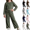 thumbnail image 1 of UKHCCC Girls Ribbed Knit 2 Piece Outfit Set, Long Sleeve Crew Neck Pullover Top and Wide Leg Pants, Casual Lounge Set, 1 of 8