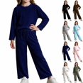 thumbnail image 1 of UKHCCC Girls Ribbed Knit 2 Piece Outfit Set, Long Sleeve Crew Neck Pullover Top and Wide Leg Pants, Casual Lounge Set, 1 of 8
