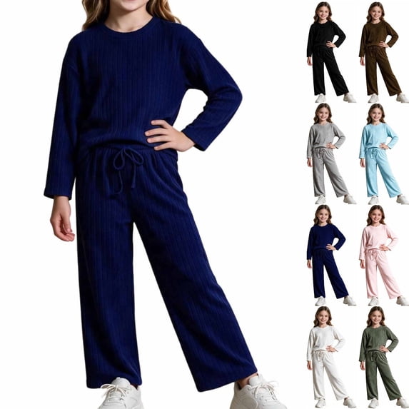 UKHCCC Girls Ribbed Knit 2 Piece Outfit Set, Long Sleeve Crew Neck Pullover Top and Wide Leg Pants, Casual Lounge Set