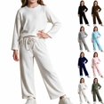 thumbnail image 1 of UKHCCC Girls Ribbed Knit 2 Piece Outfit Set, Long Sleeve Crew Neck Pullover Top and Wide Leg Pants, Casual Lounge Set, 1 of 8