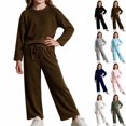 thumbnail image 1 of UKHCCC Girls Ribbed Knit 2 Piece Outfit Set, Long Sleeve Crew Neck Pullover Top and Wide Leg Pants, Casual Lounge Set, 1 of 8