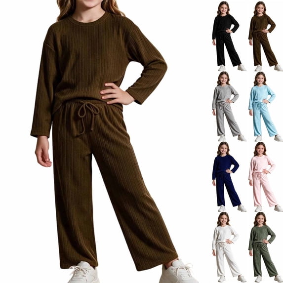 UKHCCC Girls Ribbed Knit 2 Piece Outfit Set, Long Sleeve Crew Neck Pullover Top and Wide Leg Pants, Casual Lounge Set
