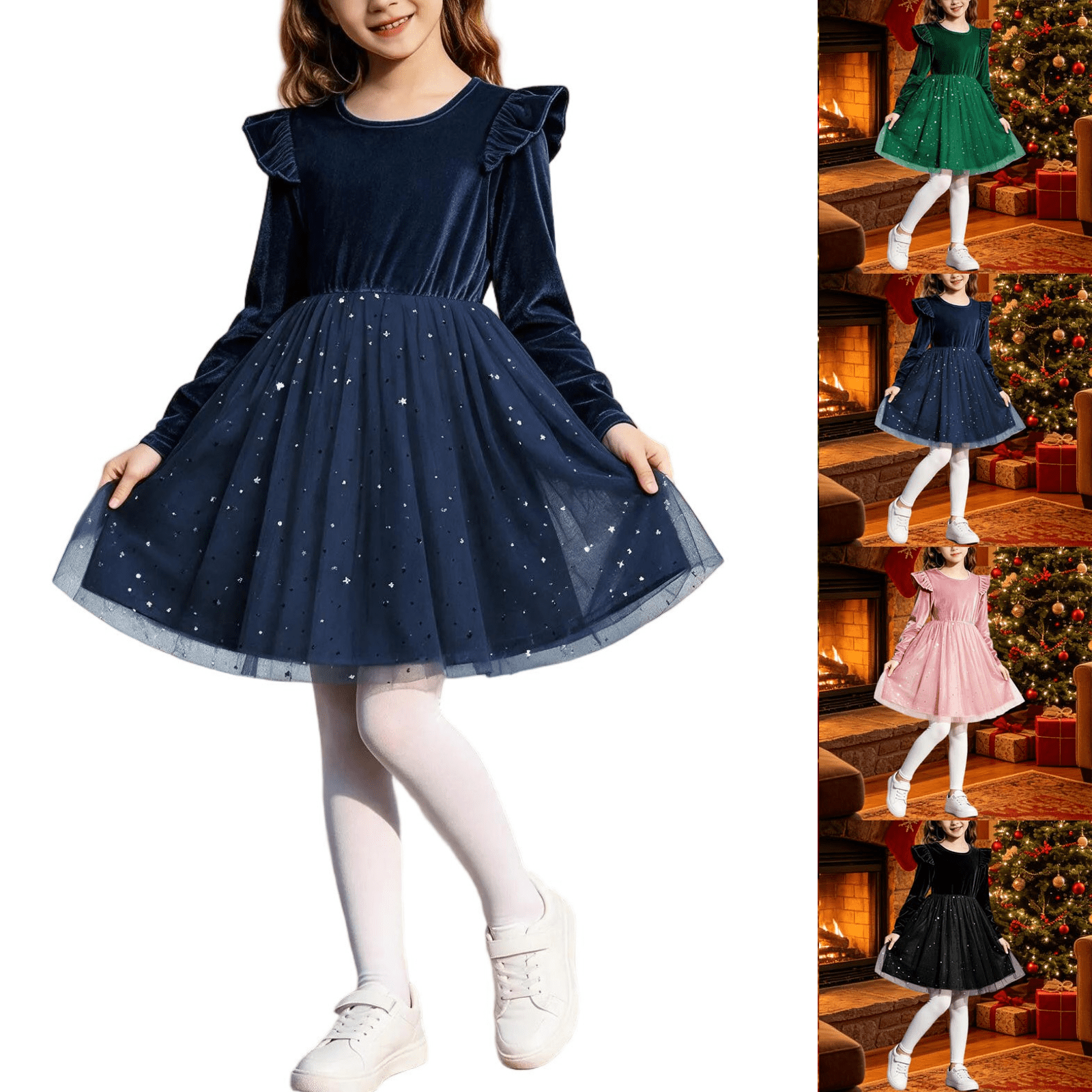 UKHCCC Girls Velvet Party Dress, Long Puff Sleeve Ruffle A-Line Mini ...