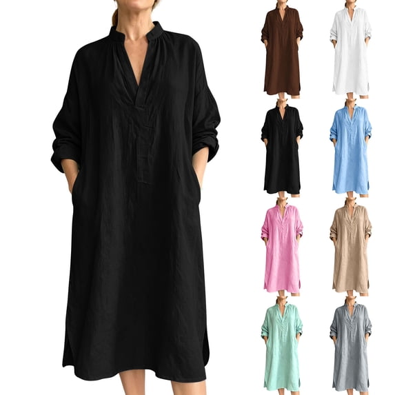 UKHCCC Plus Size Women's Linen Cotton Loose Fit V-Neck Midi Dress with Pockets Casual Summer Flowy A-Line Silhouette Solid Button Detail S-3XL