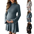 thumbnail image 1 of UKHCCC Plus Size Women's Turtleneck Maternity Dress, Ribbed Knit A-Line Mini Dress with Long Bell Sleeves, Stretchy Casual Pregnancy Dress, 1 of 7
