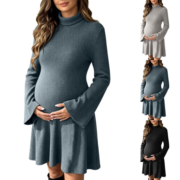 UKHCCC Plus Size Women's Turtleneck Maternity Dress, Ribbed Knit A-Line Mini Dress with Long Bell Sleeves, Stretchy Casual Pregnancy Dress