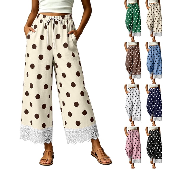 UKHCCC Wide Leg Pants for Women Polka Dot with Pockets Elastic Waist Lace Hem Palazzo Trousers Flowy Boho Chic Casual Summer Office Work Stretchy Cotton S-3XL