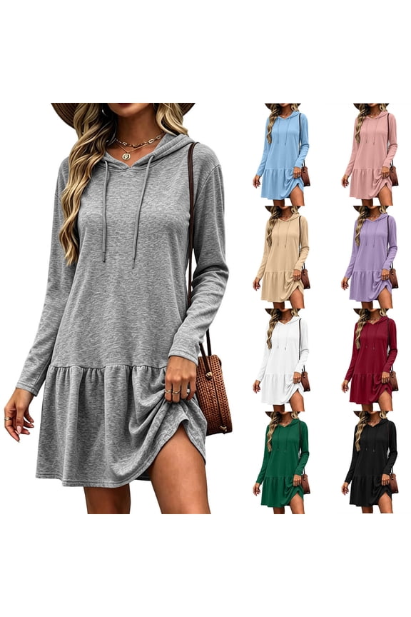 Women Loose Fit Moisture-Wicking Hoodie Dress High-Low Hemline Casual Sweatshirt Winter Soft Pullover Long Sleeve Lounge Tunic S-2XL