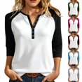 thumbnail image 1 of UKHCCC Women's 3/4 Sleeve Tops V Neck Henley Shirts Color Block Raglan Sleeve Loose Casual Baseball T Shirt Summer Blouses S-3XL, 1 of 9