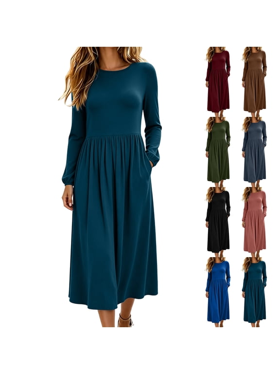 Women's Casual Loose Fit Long Sleeve Midi Winter Shift Dress with Pockets Soft Flowy A-Line Silhouette for Work Office Daily Wear S-2XL