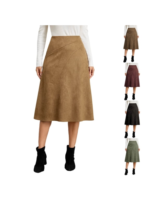 Women's Faux Suede A-Line Maxi Skirt High Wrap Elastic Waist Casual Flowy Midi Length Fall Winter Office Party Boho Chic Solid S-XL