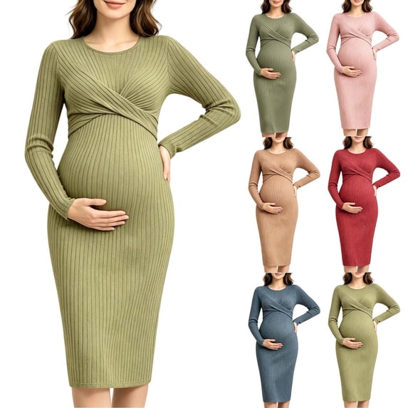 UKHCCC Women's Maternity Fitted Dress, Long Sleeve Twist Front Stretch Sheath Pregnancy Dress, Mid-Length Casual Dressy Style