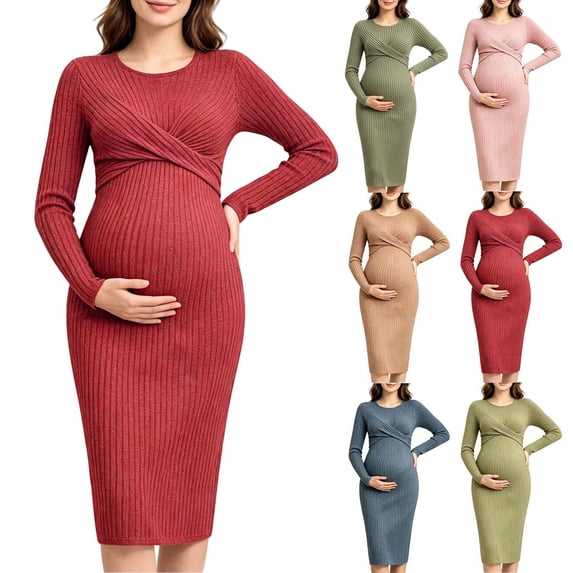 UKHCCC Women's Maternity Fitted Dress, Long Sleeve Twist Front Stretch Sheath Pregnancy Dress, Mid-Length Casual Dressy Style