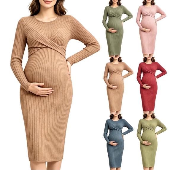UKHCCC Women's Maternity Fitted Dress, Long Sleeve Twist Front Stretch Sheath Pregnancy Dress, Mid-Length Casual Dressy Style
