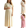 thumbnail image 1 of UKHCCC Women's Maternity Maxi Dress, Short Sleeve Crew Neck A-Line Waffle Texture Stretchy High Waist Long Dress for Casual Pregnancy Wear, 1 of 9