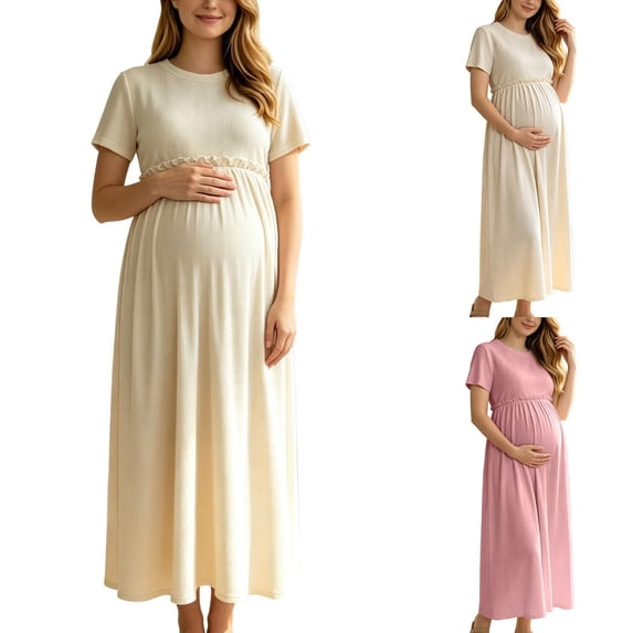 UKHCCC Women's Maternity Maxi Dress, Short Sleeve Crew Neck A-Line Waffle Texture Stretchy High Waist Long Dress for Casual Pregnancy Wear
