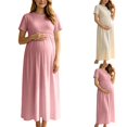 thumbnail image 1 of UKHCCC Women's Maternity Maxi Dress, Short Sleeve Crew Neck A-Line Waffle Texture Stretchy High Waist Long Dress for Casual Pregnancy Wear, 1 of 9