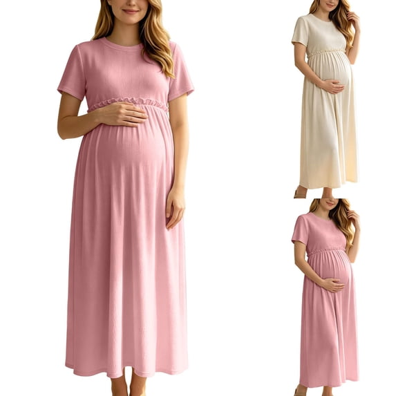 UKHCCC Women's Maternity Maxi Dress, Short Sleeve Crew Neck A-Line Waffle Texture Stretchy High Waist Long Dress for Casual Pregnancy Wear