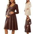 thumbnail image 1 of UKHCCC Women's Maternity Midi Dress, V-Neck Long Sleeve Ribbed Knit A-Line Dress with High Waist, Stretchy Loose Pregnancy Dress for Work, 1 of 8