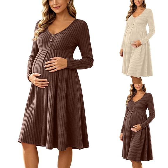 UKHCCC Women's Maternity Midi Dress, V-Neck Long Sleeve Ribbed Knit A-Line Dress with High Waist, Stretchy Loose Pregnancy Dress for Work