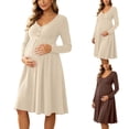 thumbnail image 1 of UKHCCC Women's Maternity Midi Dress, V-Neck Long Sleeve Ribbed Knit A-Line Dress with High Waist, Stretchy Loose Pregnancy Dress for Work, 1 of 8
