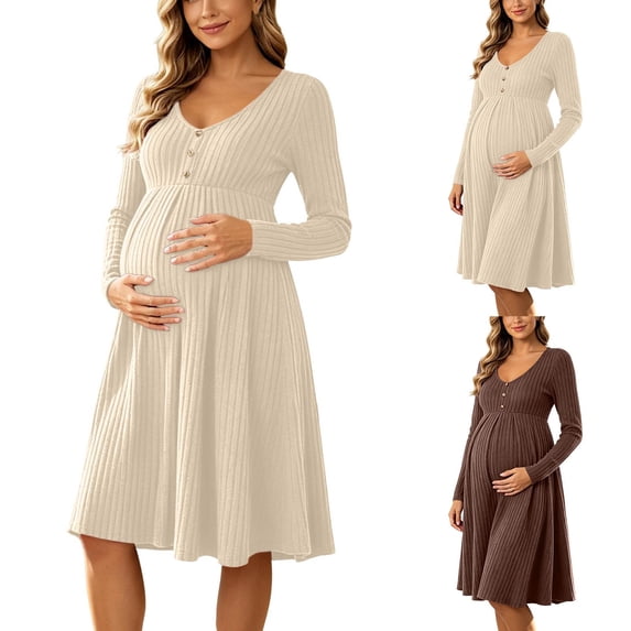 UKHCCC Women's Maternity Midi Dress, V-Neck Long Sleeve Ribbed Knit A-Line Dress with High Waist, Stretchy Loose Pregnancy Dress for Work