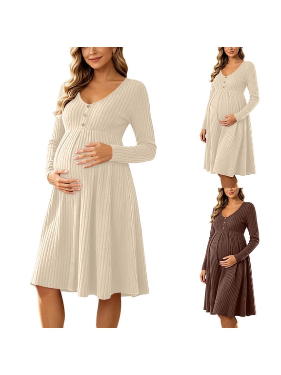 Women's Maternity Midi Dress, V-Neck Long Sleeve Ribbed Knit A-Line Dress with High Waist, Stretchy Loose Pregnancy Dress for Work