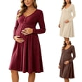 thumbnail image 1 of UKHCCC Women's Maternity Midi Dress, V-Neck Long Sleeve Ribbed Knit A-Line Dress with High Waist, Stretchy Loose Pregnancy Dress for Work, 1 of 8