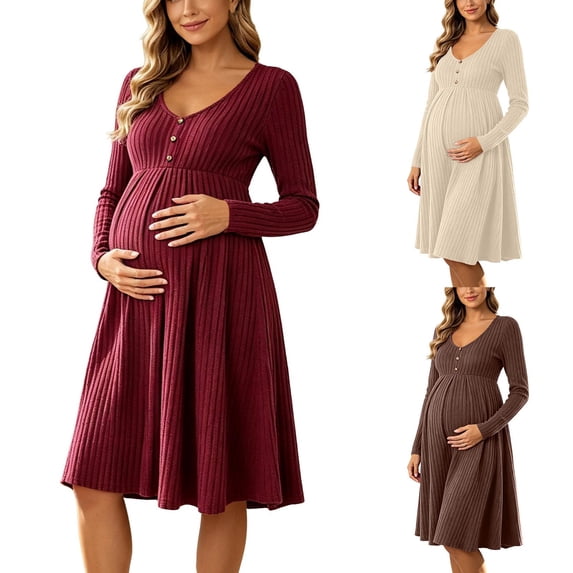 UKHCCC Women's Maternity Midi Dress, V-Neck Long Sleeve Ribbed Knit A-Line Dress with High Waist, Stretchy Loose Pregnancy Dress for Work