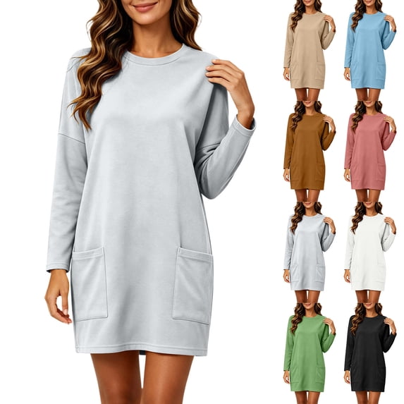 UKHCCC Women's Plus Dress for Women Loose Fit Long Sleeve Shift with Pockets Casual Flowy A-Line Midi Length Soft Cotton Solid Color Work Office Daily S-2XL
