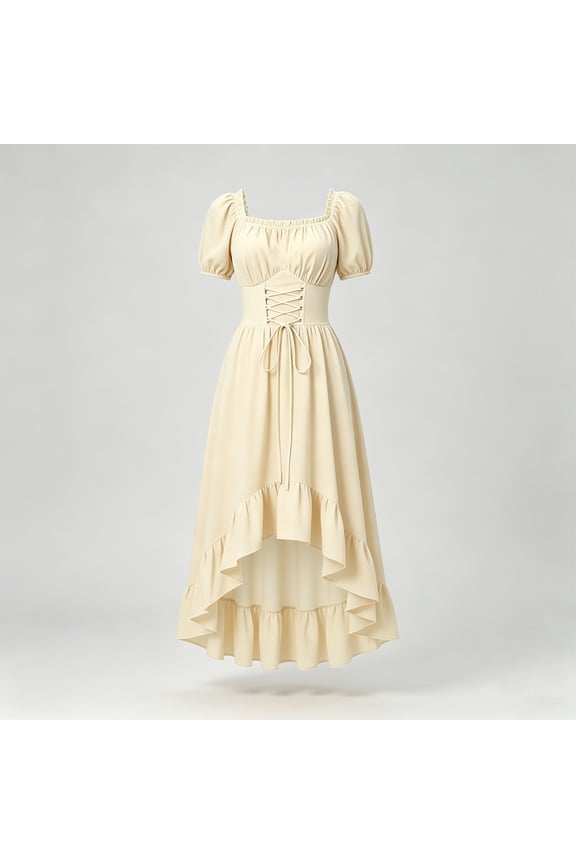 Women's Renaissance Dress with Puff Sleeves and High-Low Ruffle Hem, Medieval Inspired Gown for Wedding Guest, Flowy A-Line Silhouette, Soft Cotton S-2XL