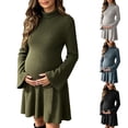 thumbnail image 1 of UKHCCC Women's Turtleneck Maternity Dress, Ribbed Knit A-Line Mini Dress with Long Bell Sleeves, Stretchy Casual Pregnancy Dress, 1 of 8