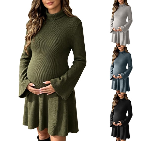 UKHCCC Women's Turtleneck Maternity Dress, Ribbed Knit A-Line Mini Dress with Long Bell Sleeves, Stretchy Casual Pregnancy Dress
