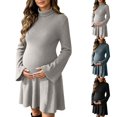 thumbnail image 1 of UKHCCC Women's Turtleneck Maternity Dress, Ribbed Knit A-Line Mini Dress with Long Bell Sleeves, Stretchy Casual Pregnancy Dress, 1 of 7