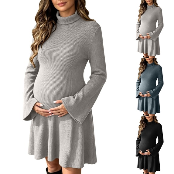 UKHCCC Women's Turtleneck Maternity Dress, Ribbed Knit A-Line Mini Dress with Long Bell Sleeves, Stretchy Casual Pregnancy Dress