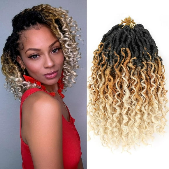 UKLL-10 Inch Boho Goddess Faux Locs Crochet Hair with Curly Ends 8 Packs Pre-looped Boho River Locs Crochet Braids for Black Women Ombre 3 Tone Synthetic Braiding Hair Extensions 1B27613#