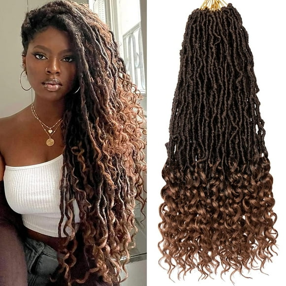 UKLL-18 Inch New Faux Locs Crochet Hair With Curly Ends 7 Packs Goddess Locs Wavy Soft Locs Pre-looped Ombre Brown Bohemian Nu Locs Synthetic Crochet Braiding Hair for Women (12Strands/pack T30#)