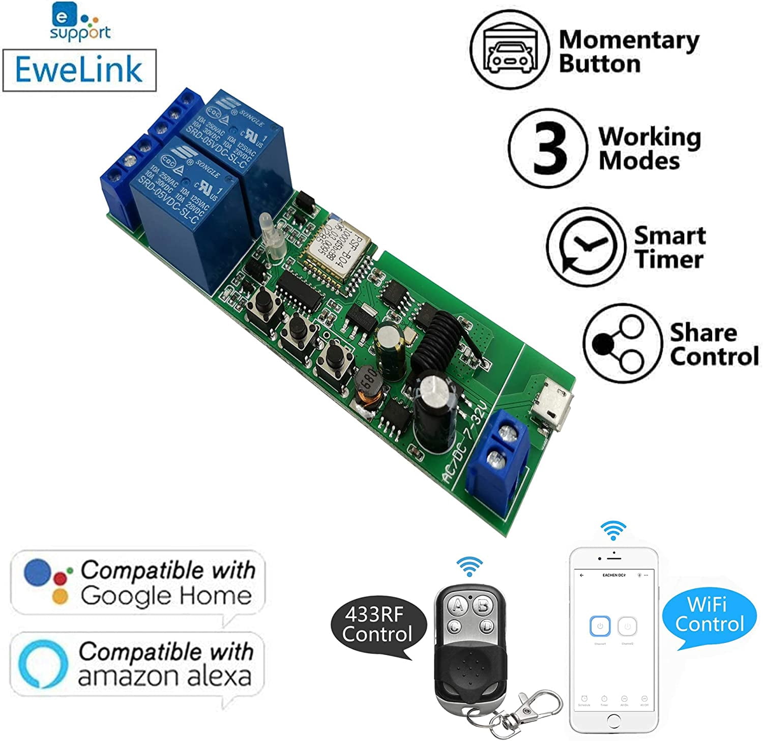 UKLL-2-Channel Ewelink App Remote Control WiFi 433MHz RF Wireless ...