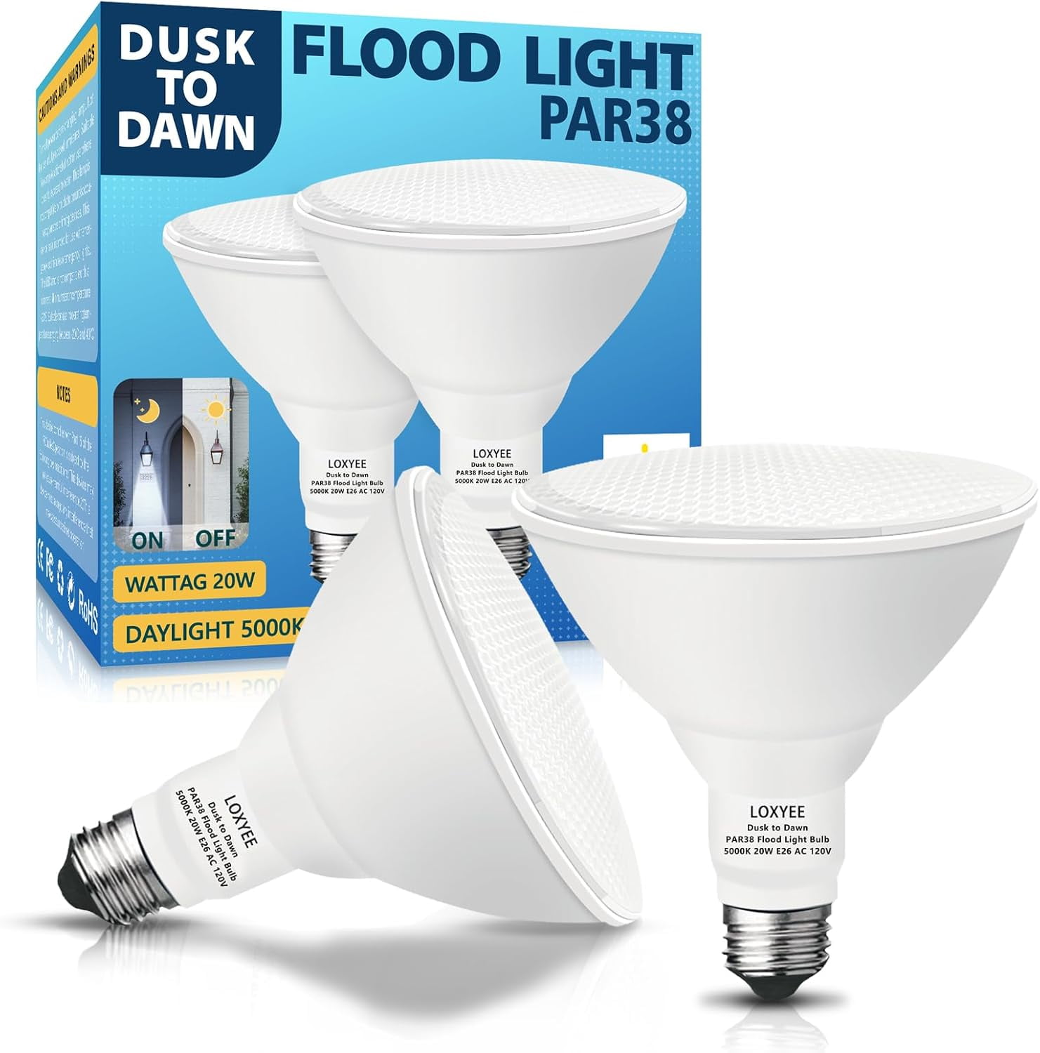 UKLL-2 Pack LED PAR38 Dusk to Dawn Flood Light Bulbs Outdoor 20W(200W Equivalent) E26 Base Flood Light Bulbs,5000K Daylight 1800 Lumens LED Flood Light for Outdoor Garden,Garage,Yards