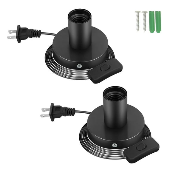 UKLL-2 Piece Polished Metal Light Socket,Table Lamp Base,Wall Light fixtures,Light Bulb Socket,5.6 Feet Cord with On/Off Switch Plug (Black),Lamp Parts,E26/E27 Screw Light Bulb Holder Base
